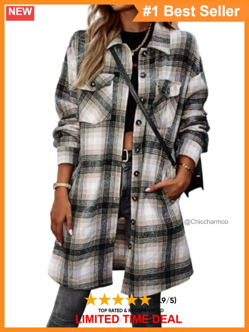 Plaid Shacket Jacket Long Sleeve Button Down Woolen Coat Pockets